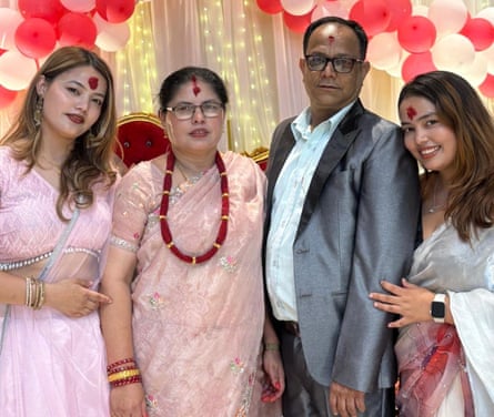 Melbourne student Rakshya Pandey (far right) with her family. The family’s home was destroyed by the floods that hit Nepal’s Nuwakot district.