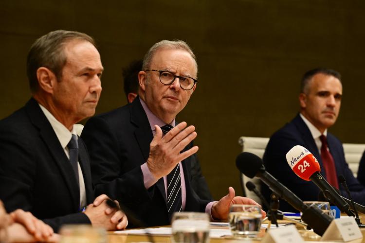 Prime Minister Anthony Albanese (right) holds a press conference following a National Cabinet Meeting with State Premiers and Chief Ministers in Sydney, Wednesday, August 26, 2026. (AAP Image/Dean Lewins)