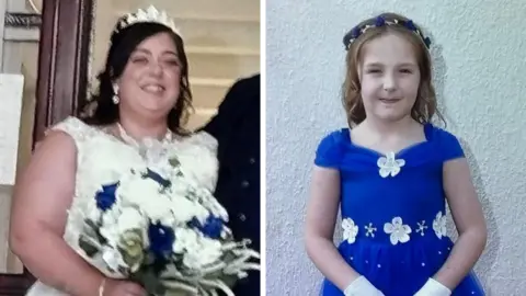 Supplied A composite image of Natalie McDonald and Valentina Foster. McDonald is wearing a white wedding dress with a tiara perched on her head. She has long dark hair and is holding a bouquet of white roses with four blue ones dotted within it. Valentina wears an electric blue dress with white flowers on the neckline and waist. She has long light brown hair with a blue and white headband. She is holding a small white basket with white and blue roses and she wears white gloves.