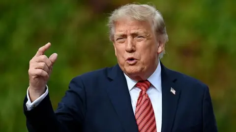 Getty Images Donald Trump gestures to someone off camera. He is wearing a navy blue suit jacket, white shirt and a reddish-striped tie.