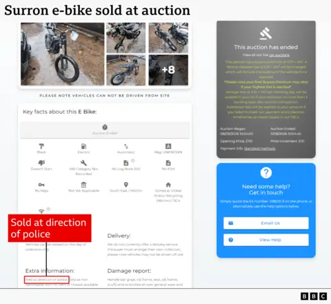 Screenshot of online auction listings for Surron off-road electric bike. Listing shows multiple bike photos and auction details. Red box highlights the text “Sold at direction of police” in the extra information section of the listing. 