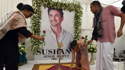 Getty Images Actor Sushant Singh Rajput fans and iskcon temple Members organised a prayer meeting for Sushant second death anniversary Justice 4 SSR at Jantar Mantar on June 14, 2022 in New Delhi, India.
