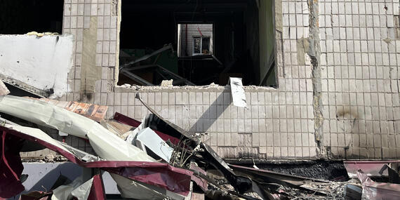 A damaged evacuation point in Kramatorsk, Donetsk Region, Ukraine, which had been supporting civilians leaving front-line areas. Several people were reportedly injured in the attack.