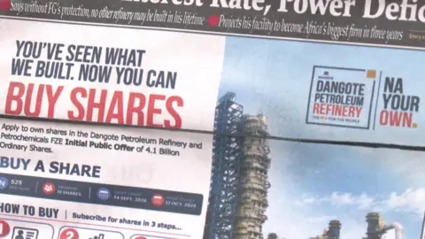 Reuters A shot of a newspaper advert encouraging people tp "Buy shares" in the Dangote refinery. The advert says "you've seen what we built. Now you can buy shares".