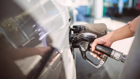 Getty Images A hand gripping a fuel pump inserted into a white car.