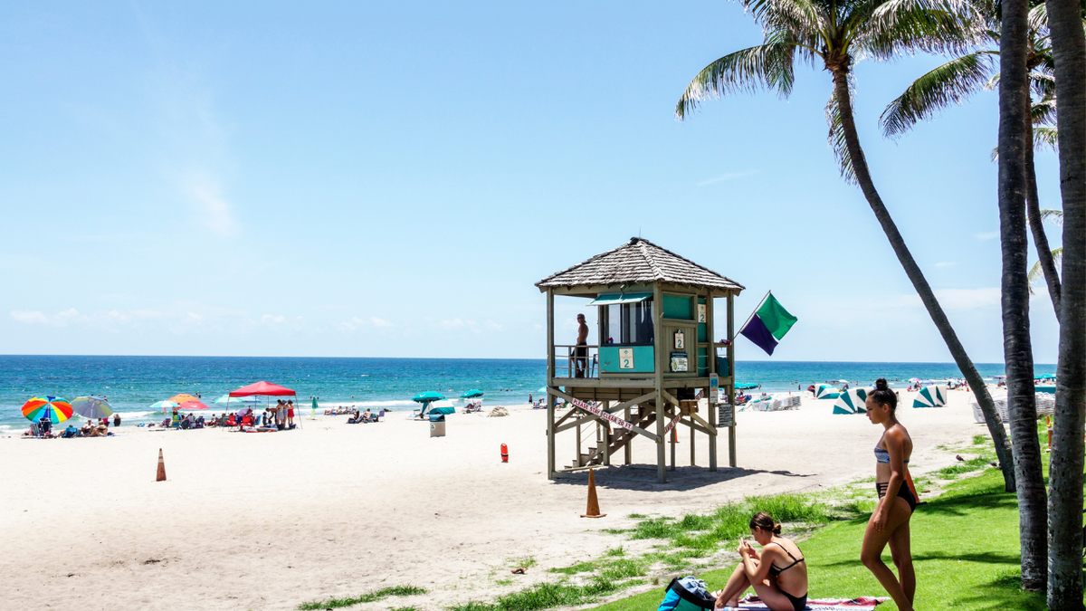 Sunbathers are seen on Deerfield Beach in Florida.