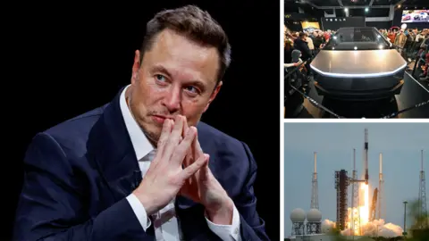 Getty Images/Reuters A composite picture shows Elon Musk wearing a blue suit jacket and white shirt next to a photo of a Tesla car and a picture of a SpaceX rocket taking off