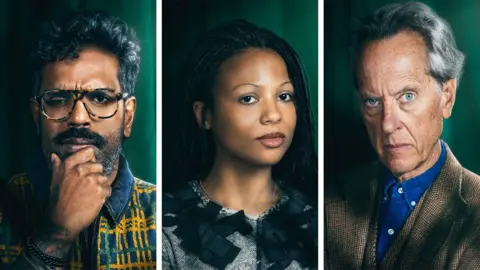 BBC/Studio Lambert/Cody Burridge/BBC Creative Romesh Ranganathan, Myha'la and Richard E Grant all in smart clothes looking straight at the camera