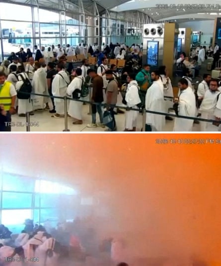 Combination image of an airport queue and then below it the same queue shrouded in a mass of orange smoke