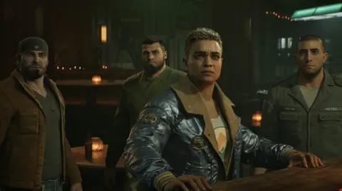 Xbox Game Studios Four characters from Gears of War stand in a darkened bar. They all have serious expressions.