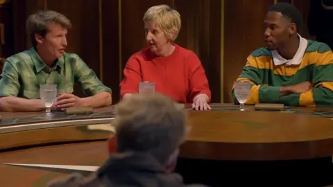 James Blunt, Julie Hesmondhalgh and King Kenny pictured at the round table on Celebrity traitors