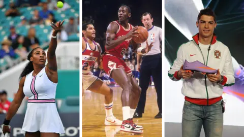 Sports Illustrated / Getty Images A composite image of Nike athletes. Tennis player Serena Williams (left) serves in a game, Michael Jordan (middle) protects the basketball from a defender during his playing days, Cristiano Ronaldo (right) holds up a Nike football boot.