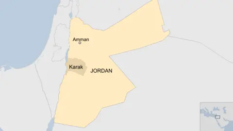A map showing the Karak governorate in Jordan and the capital Amman