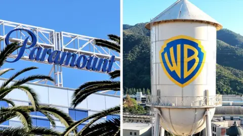 Getty Images A composite image of Paramount and Warner Bros. logos on company buildings