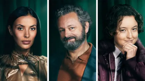 BBC/Studio Lambert/Cody Burridge/BBC Creative Maya Jama, Michael Sheen and Bella Ramsey all in smart clothes, looking straight at the camera