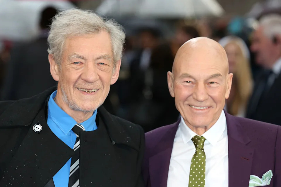 Sir Ian McKellen and Patrick Stewart attend the UK Premiere of "X-Men: Days of Future Past" on May 12, 2014 in London, England.
